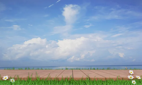 Wooden balcony or Wooden walkway on fresh spring green grass with Daisies. Blue sky white cloud and Seaview background. Use for background and wallpaper. 3D rendering.