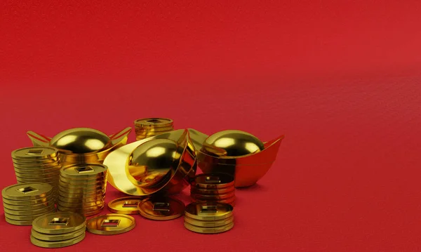 Золотые Монеты Золотые Слитки Китайцев Красном Фоне Копируют Пространство Концепции — стоковое фото