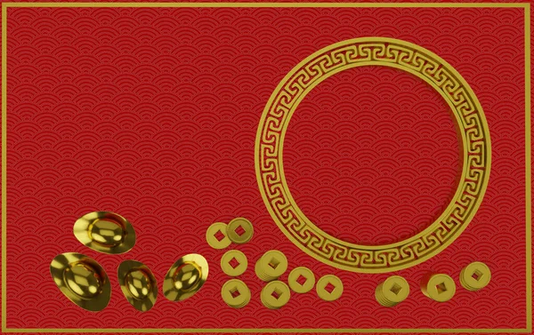 Gyllene Mynt Och Guld Göt Kinesiska Röd Bakgrund Kopiera Utrymme — Stockfoto