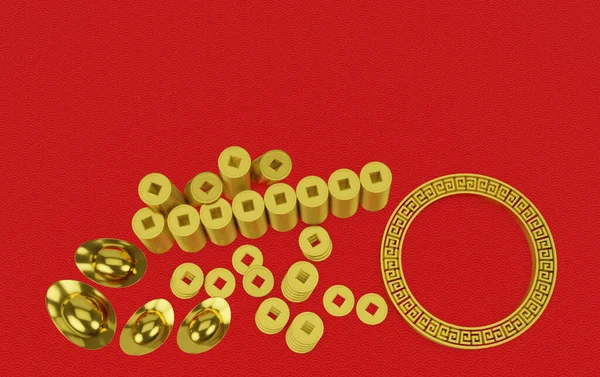 Złote Monety Złote Sztabki Chińskiego Czerwonym Tle Kopiuj Przestrzeń Happy — Zdjęcie stockowe