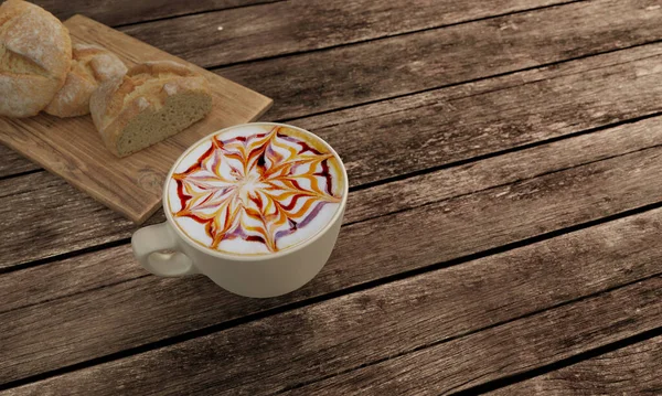 拿铁艺术咖啡与巧克力酱和焦糖酱在牛奶泡沫白杯 在木制桌子上模糊了家里做的面包和肉铺的概念 山清水秀 3D渲染 — 图库照片