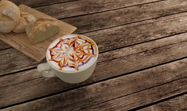 Caffelatte Art Con Salsa Cioccolato Caramello Schiuma Latte Tazza Bianca — Foto Stock