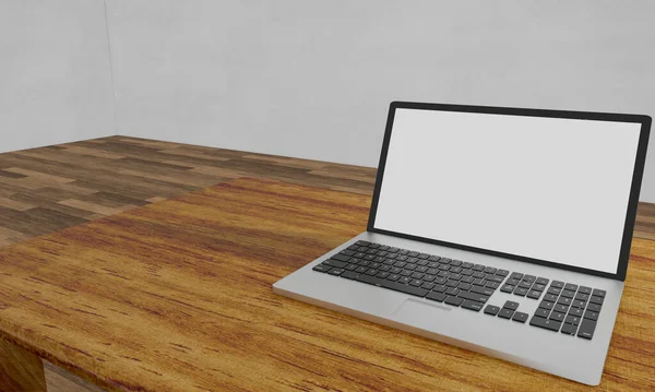 Computer Notebook Labtop White Blank Screen Wooden Surface Table White — Stock Photo, Image