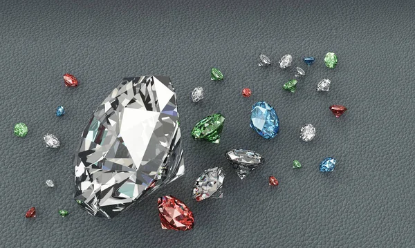 Diamants Multicolores Sur Surface Cuir Rendu Focus Sur Gros Diamant — Photo