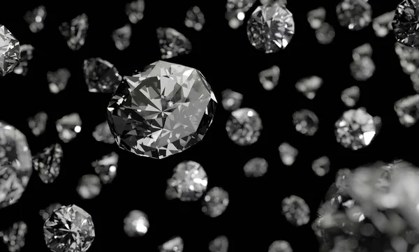 Diamants Sur Fond Noir Avec Reflet Sur Surface Rendu — Photo