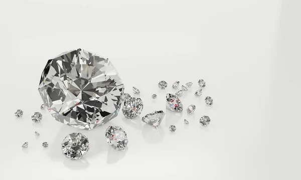 Багато Діамантів Розміру Білому Тлі Відображенням Поверхні Рендерингу — стокове фото