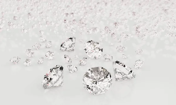 Sok Méret Gyémántok Fehér Háttérrel Tükröződés Felszínen Renderelés — Stock Fotó