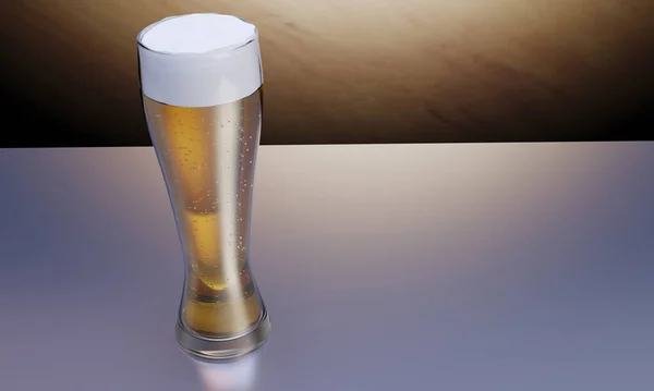 Cerveza Vidrio Sobre Fondo Madera Reflexión Con Copyspace — Foto de Stock