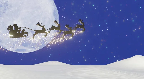 Siluet Noel Baba ve Ren geyikleri, süper dolunay ve bir sürü yıldızla koyu mavi gökyüzünde uçuyorlar. Noel arifesi konsepti. 3B Hazırlama.