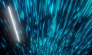 Parlayan mavi ışık, siber uzay ve hiper uzay hareketi konsepti için karanlık arka planda hızla hareket eden yıldız tozu veya meteor ve çizgilere benziyor. 3B Hazırlama.