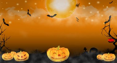 Karanlık ürkütücü ormanda Cadılar Bayramı balkabakları. Birçok yarasa dolunay gecesi gökyüzünde uçuyor. Duvar kağıdı veya arkaplan için Cadılar Bayramı teması.