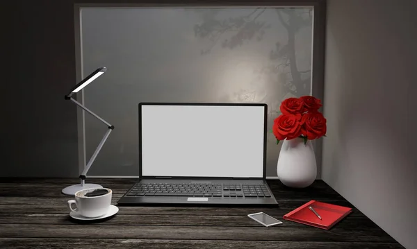 Computer Labtop white screen on wooden surface table. Black coffee in white mug. Red roses in white vase. Concept and copy space for  working desk. 3D Rendering.