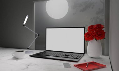 Tahta yüzey masasında bilgisayar laboratuvarı beyaz ekranı. Beyaz bardakta sade kahve. Beyaz vazoda kırmızı güller. Çalışma masası için konsept ve kopyalama alanı. 3B Hazırlama.