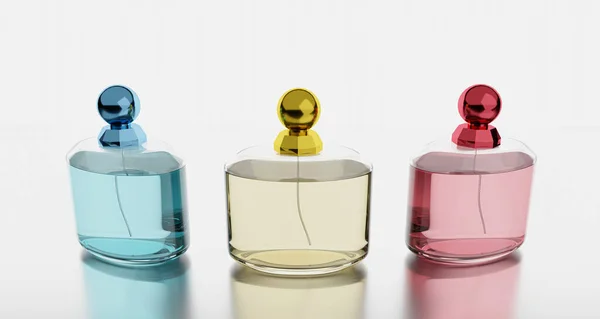 Bir set Luxthe Parfume şişesi. Temiz şişe ve altın, mavi ve pembe kapak beyaz arka planda yansımalı. 3B görüntüleme.