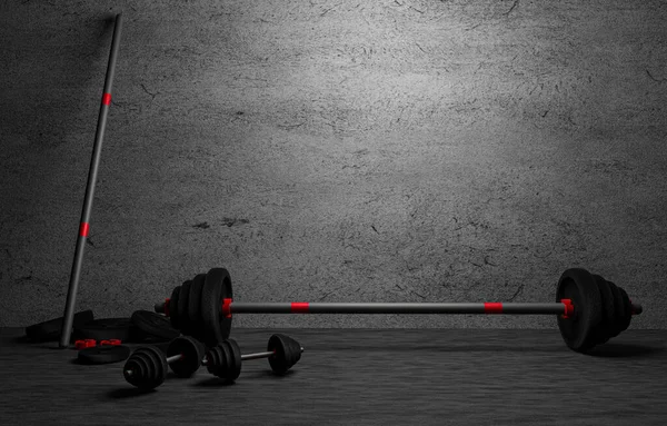 실에서 검은색으로칠 래스터와 더러운 Gym Barbell 작업을 바닥에 있습니다 렌더링 — 스톡 사진