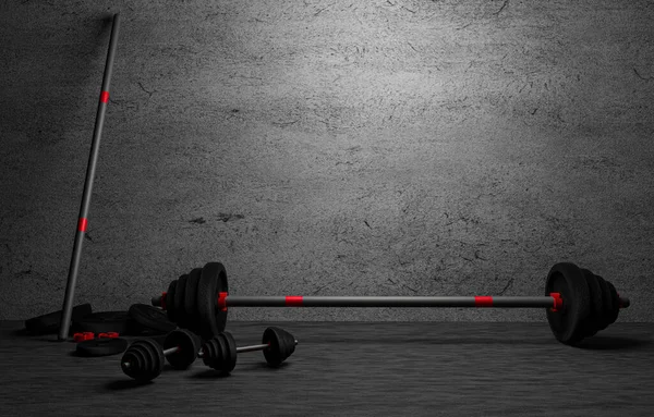 Halterler ve halterler evdeki spor salonunda siyah renkte. Gri alçı ve kirli eski duvar. Spor salonu için spor malzemeleri. Ağırlık plakalı halter. 3B görüntüleme