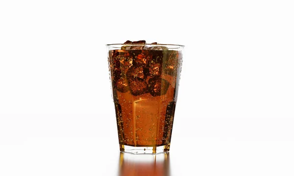 可乐杯与冰块在白色背景和倒影 杯子里有碎冰的可乐 周围有水滴 清凉的黑新鲜饮料 3D渲染 — 图库照片