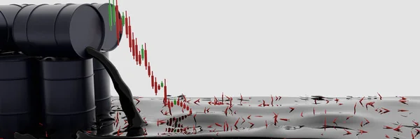 Нафта Виливається Чорної Бочки Стоковим Графом Падіння Ціни Нафту Фондовому — стокове фото