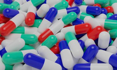 İlaç, antibiyotik ve tablet gibi renkli haplar. 3B görüntüleme.