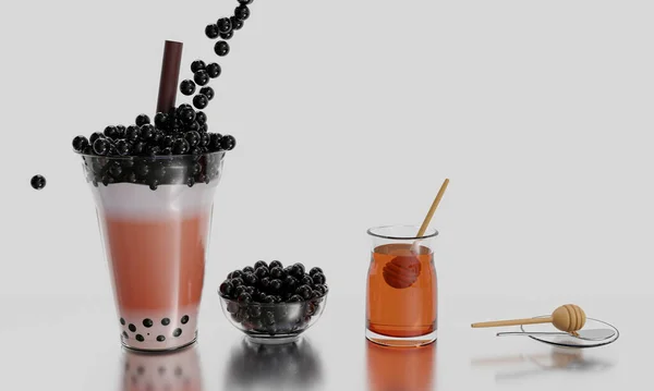 Boba Tej Tea Vagy Bubble Milk Tea Mézzel Átlátszó Palackban — Stock Fotó