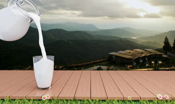 ジャグから新鮮な牛乳を透明なガラスに注ぎ 木製の板に置きます 朝食は飲みなさい 朝の山の背景には日光がある 太陽の光が山に輝いています 3Dレンダリング — ストック写真