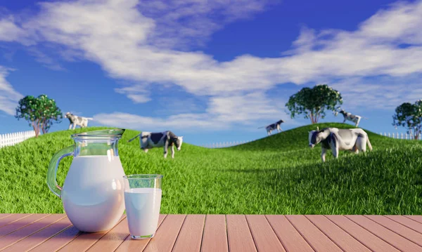 反射板の床にクリアガラスとミルクジュグで新鮮な牛乳 明るい緑の草原の牛を自由に歩いていると草を食べて楽しんでいる 白い雲で青い空をきれいにする 3Dレンダリング — ストック写真