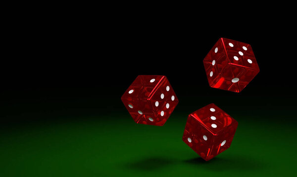 Transparent red dice are falling on the green felt table. The concept of dice gambling in casinos. 3D Rendering