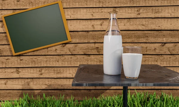 鲜牛奶放在透明的玻璃杯中 瓶子放在大理石表面的桌子上 背景是一面木制的木板墙 上面有一块黑板 上面有文字说明 地板上有新鲜的青草 3D渲染 — 图库照片