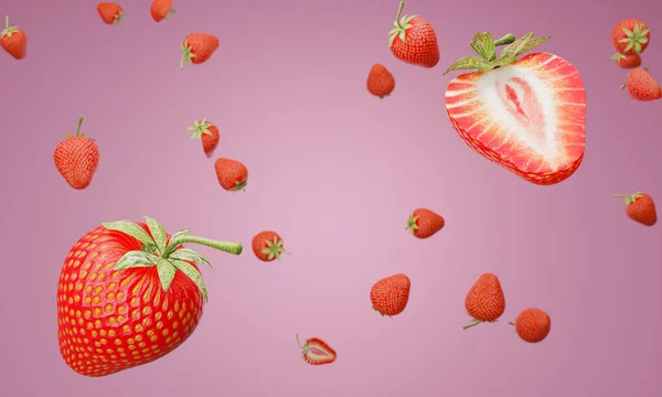 딸기는 위에서 떨어지고 있습니다 배경이나 수있도록 연분홍색 배경을 가지라 렌더링 — 스톡 사진