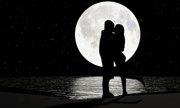 Silhouette Lovers Kissing Romanticly Υπάρχει Μια Πανσέληνος Και Ένα Αστέρι — Φωτογραφία Αρχείου
