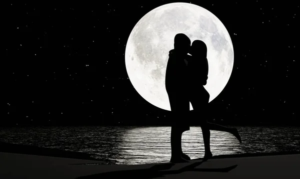 Siluet Aşıkları Romantik Öpüşüyor Dolunay var ve arkaplan olarak gökyüzü dolu. Ayın yansıması nehre yansıyor. Romantizm ve evlilik teklifleri. 3B Hazırlama