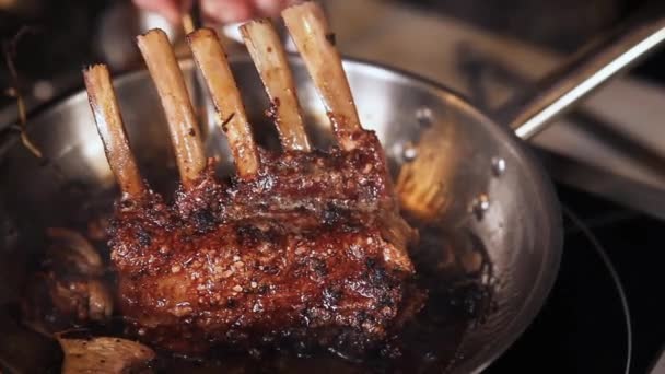 Carne Viene Fritta Una Padella Una Stufa Elettrica — Video Stock