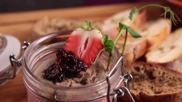 Meat Pate Croutons Sauce Board — Stock Video