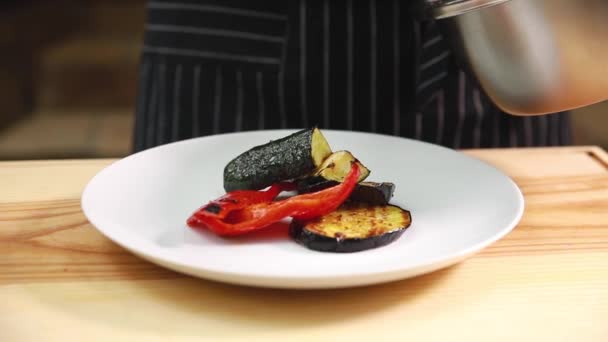 Chef Prepares Grilled Vegetables Grill — Stock Video