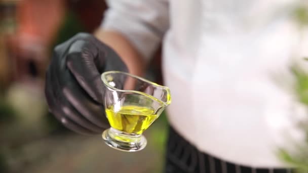 Chef Pours Olive Oil Meat — Stock Video