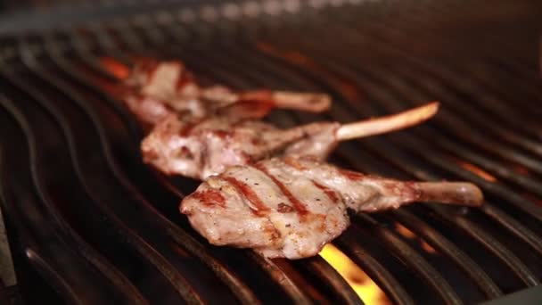 Der Koch Bereitet Das Fleisch Auf Dem Grill — Stockvideo