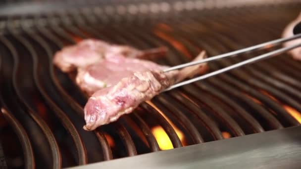 Cuoco Prepara Carne Alla Griglia — Video Stock