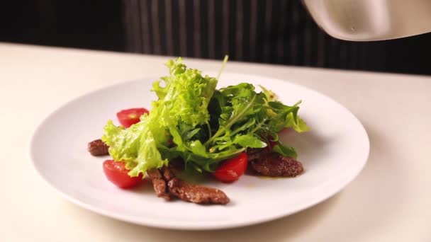 Kocken Tillagar Sallad Med Kött Och Örter — Stockvideo