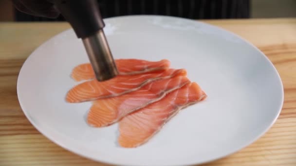 Chef Prepares Salmon Fruits — Stock Video