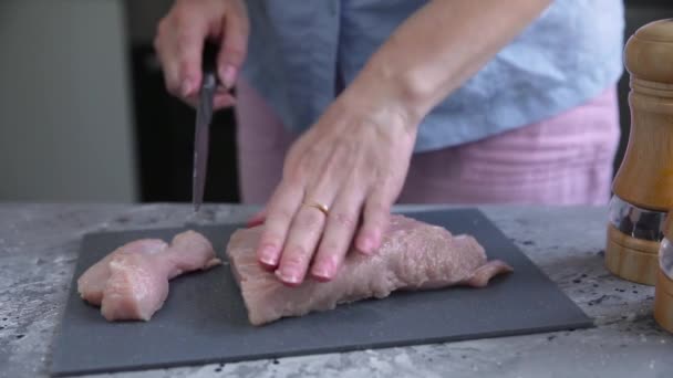 Cut Turkey Fillet Gray Board — Stock Video