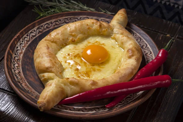 Hospitable Georgian Cuisine Khachapuri Cheese Egg Wooden Background — Stock Photo, Image