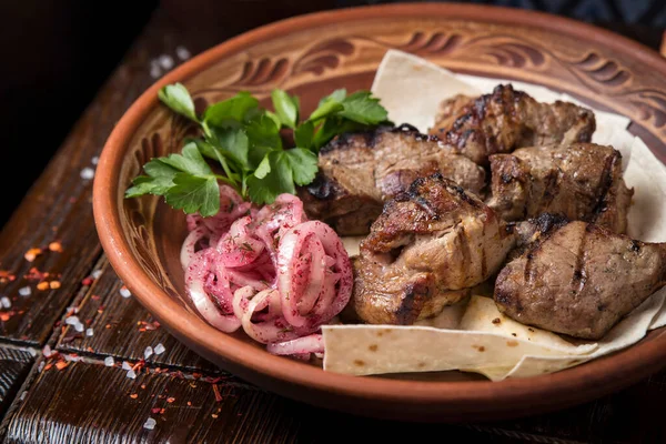 Carne Alla Griglia Pita Con Cipolle Sottaceto Erbe Aromatiche — Foto Stock