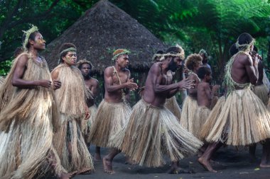 Melanesian indigenous yakel tribe of tanna island dancing traditional dance in grass closing clipart
