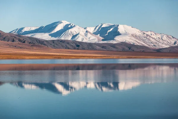 Mirror reflection in calm Mongolian lake. windless weather morning light. Western Mongolia