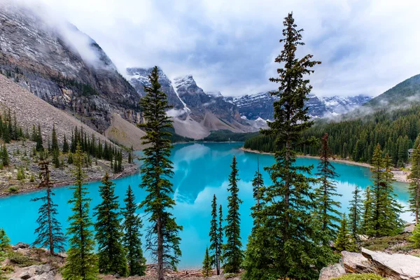 Clear emerald water, surrounded by magnificent snowy mountains & trees, Moraine lake, Banff National Park, Alberta, Canada. — Stock Image Clear Emerald Water Surrounded Magnificent Snowy Mountains Trees Moraine Lake Royalty Free Stock Images
