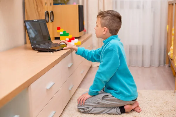 Boy Sits Lies Floor Home Laptop Tablet Online Learning Quarantine — Stock Photo, Image