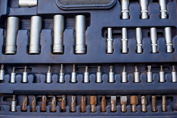 Werkzeuge Zur Reparatur Autoreparatur Werkzeugkasten Vorhanden Nahaufnahme Offene Schachtel Tankstelle Stockbild