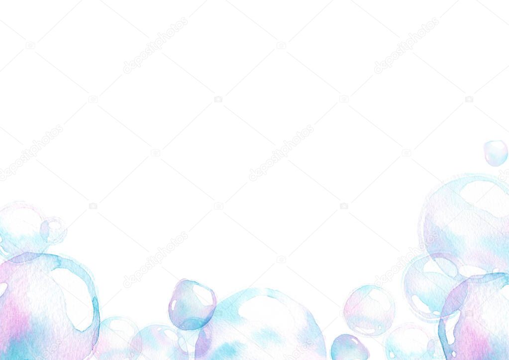 soap air bubbles, Undersea effect, watercolor hand painting isolate on white background