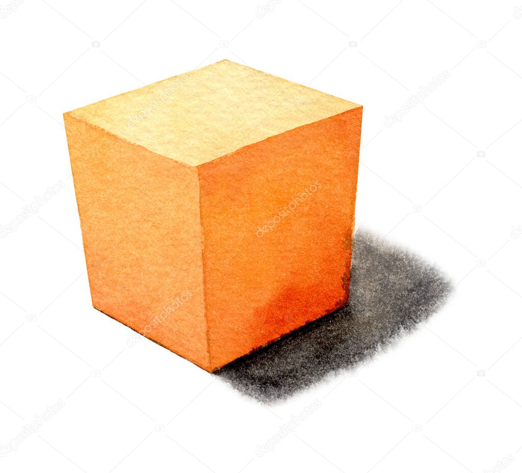 orange cube - light from the left, basic geometric shapes with dramatic light and shadow in watercolor style. Solids isolated on a white background. Clipping path.
