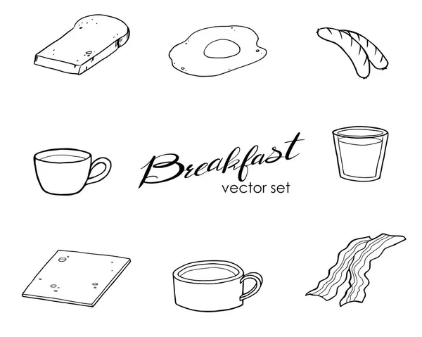 Set American Breakfast Doodle Art Morning Food Hot Drinks Vector — Stock Vector